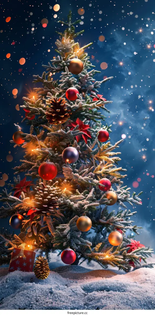 Snowy Christmas Night with Lights and Ornaments