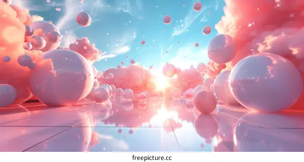 Pink surreal landscape with floating pink spheres