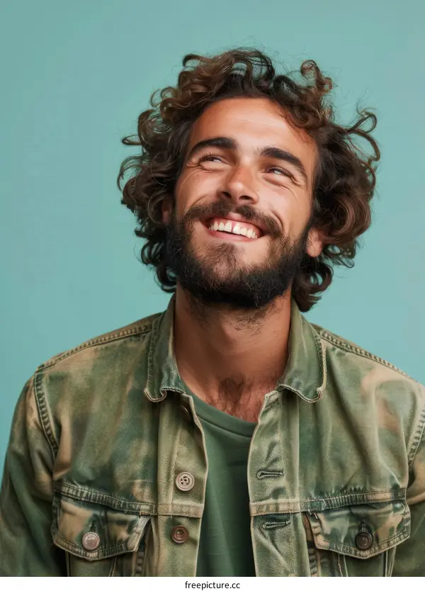 Portrait of a Happy Man Looking Up with Curly Hair and a Beard
