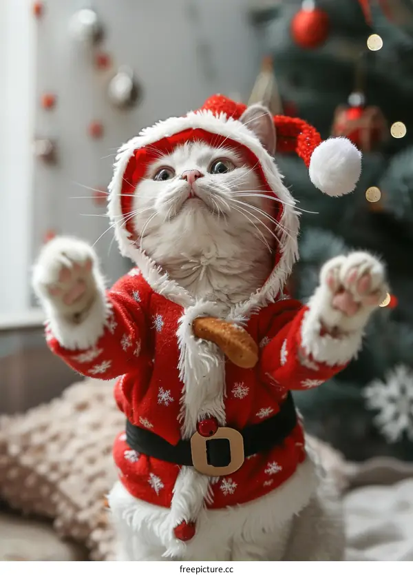 A cute white cat wearing a Santa hat is sitting in front of a Christmas tree
