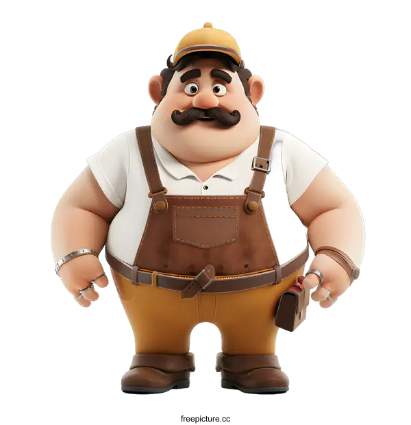 [Transparent Background PNG]Chubby Cartoon Man in Overalls