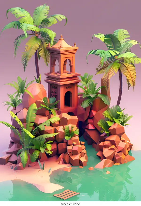 Low Poly Tropical Island with a Tower