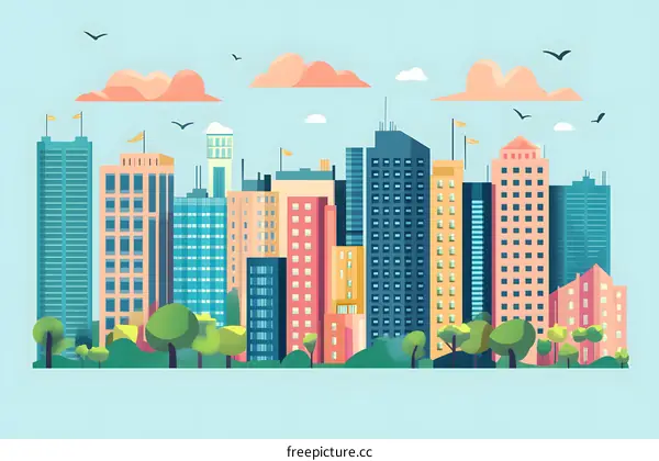 Modern Cityscape with Colorful Buildings and Sky