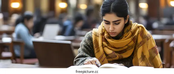 Young Woman Studying in Library With Book