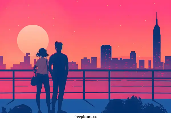 Silhouette Couple Watching Sunset Over City