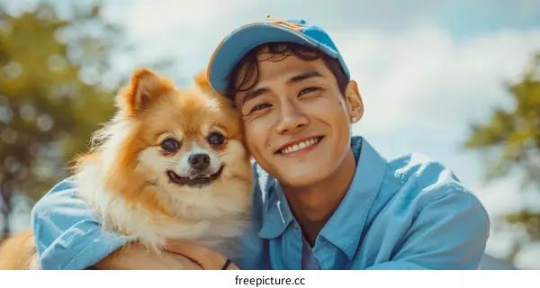 Asian man smiling with a Pomeranian dog