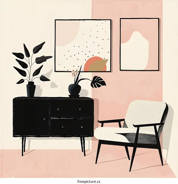 Minimalist Living Room Illustration with Pink Walls and Abstract Art