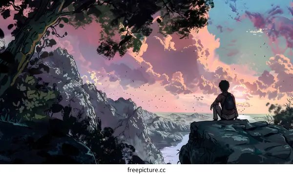 Man Sitting on a Mountain Cliff at Sunset