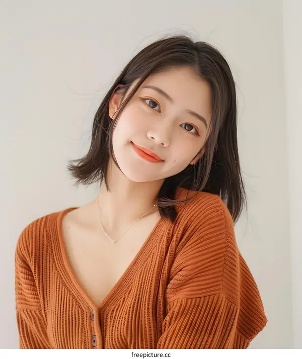 Portrait of a Young Asian Woman with Short Brown Hair and Orange Knit Sweater