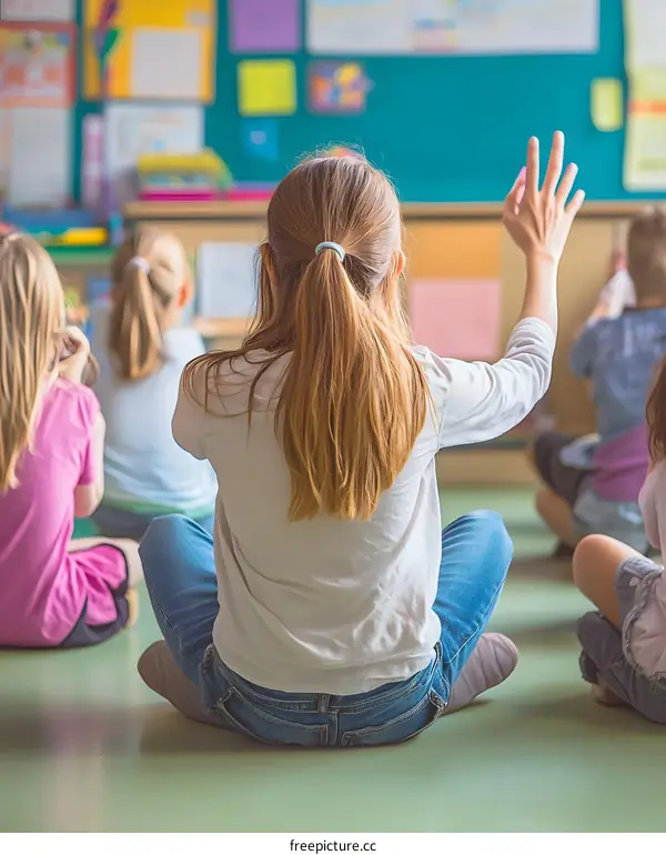 Students Sitting On The Floor In A Classroom And Raising Their Hand To Answer A Question