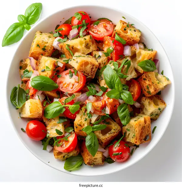 Top view of a bowl of traditional italian panzanella salad with tomatoes, basil and bread