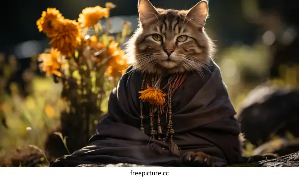 A cat wearing a brown robe sits in front of a bush of yellow flowers
