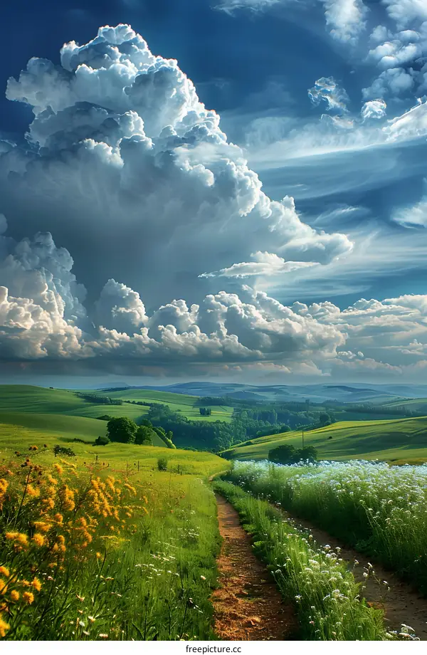 Countryside dirt road under a big white cloud
