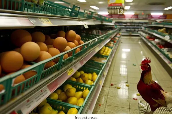 Rooster in a Supermarket Aisle with Eggs and Lemons