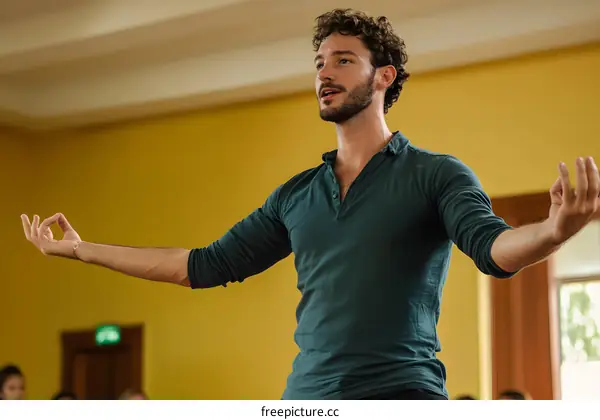 Man Leading a Yoga Class in a Room With Yellow Walls