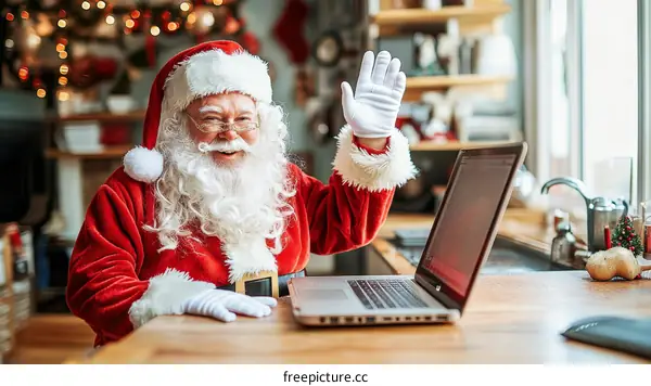 Santa Claus working from home on a laptop during Christmas