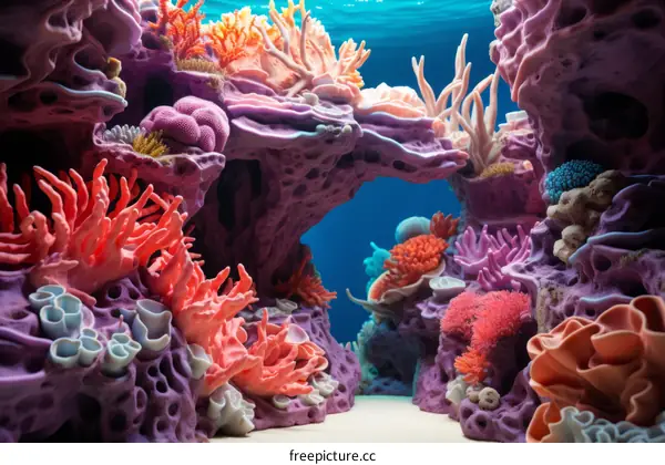 Underwater coral reef with various types of corals and fish