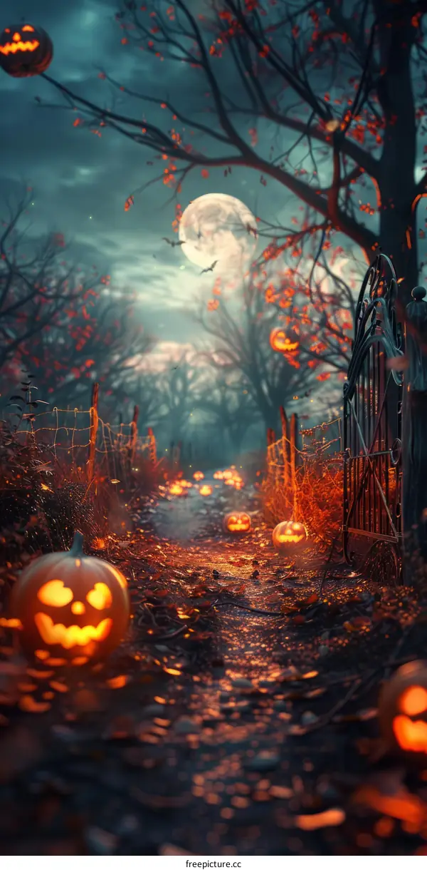 Spooky Halloween Path with Full Moon and Pumpkins
