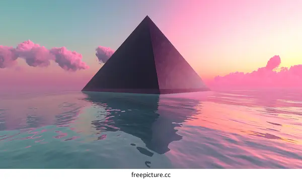 Black Pyramid Floating in Pink Water with Clouds