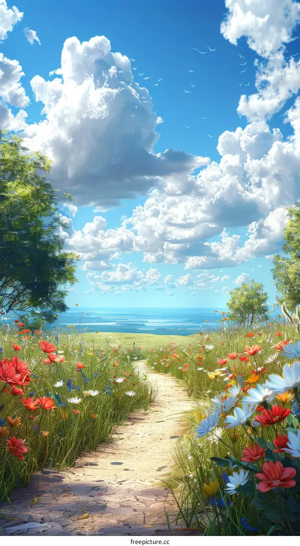 Stone Path through a Field of Flowers to the Ocean