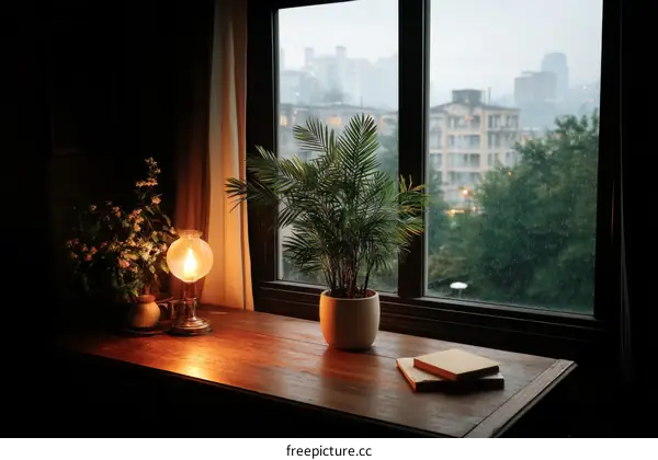 Cozy Room Window View on Rainy Day