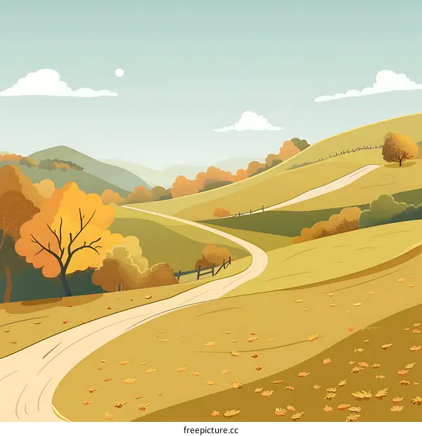 Autumn Landscape Illustration with Winding Road and Golden Trees