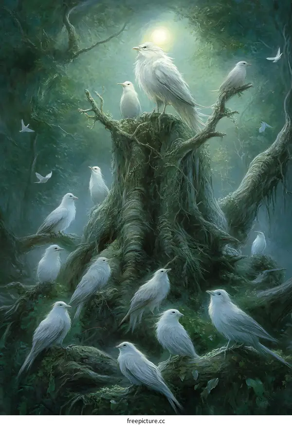 White Birds Gathering on a Tree Stump in a Forest
