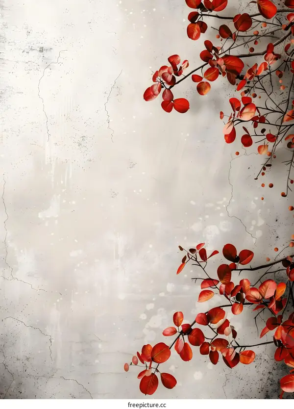 Red Leaves on Grey Concrete Wall Background