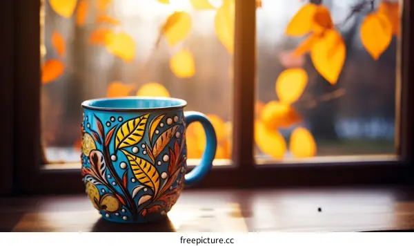 Ceramic Cup with Autumn Leaves Pattern on Wooden Table by Window