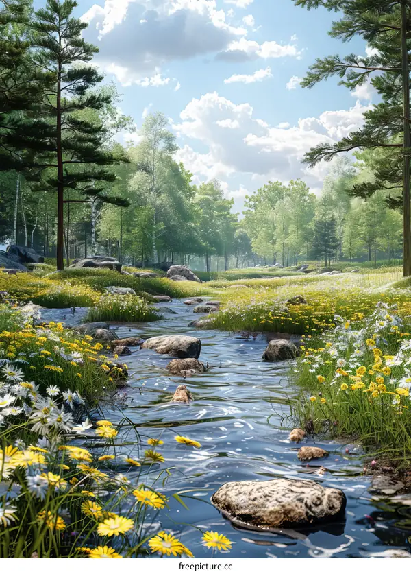 Tranquil River Winding Through a Lush Green Meadow