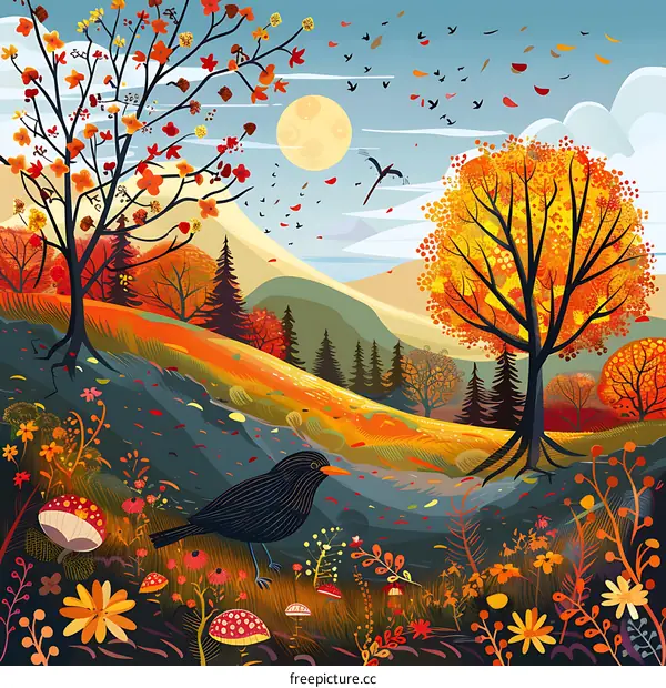 Autumn Landscape Illustration with Birds and Trees