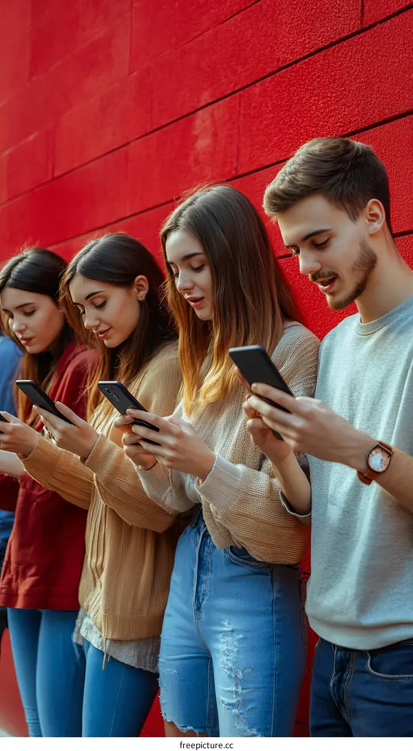 Group of Young Adults Using Smartphones Against Red Brick Wall