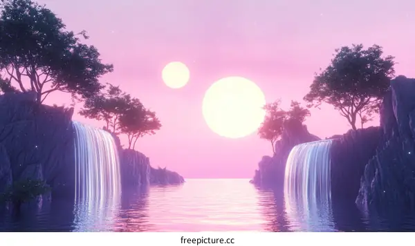 Pastel Dreamy Waterfall Landscape Illustration