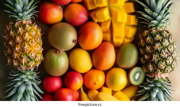 A variety of tropical fruits are arranged on a table.