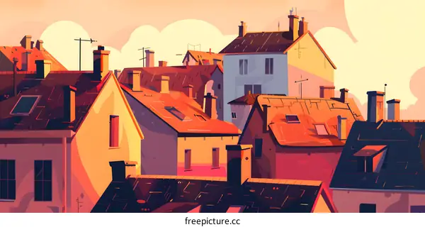 Illustrated View of Cityscape with Rooftops and Chimneys