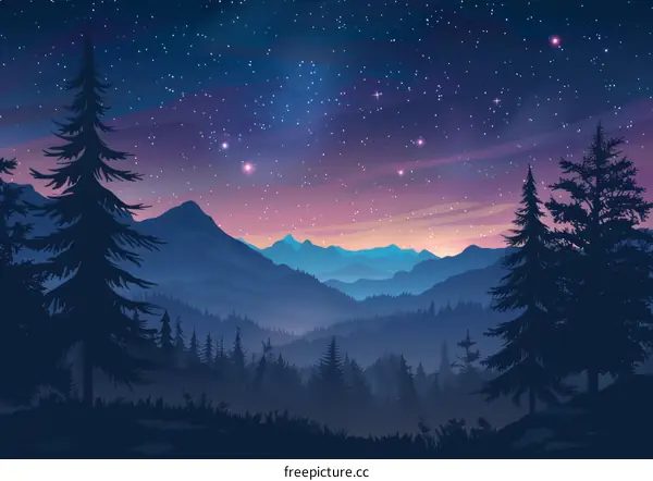 Night Sky over Mountain Landscape and Forest