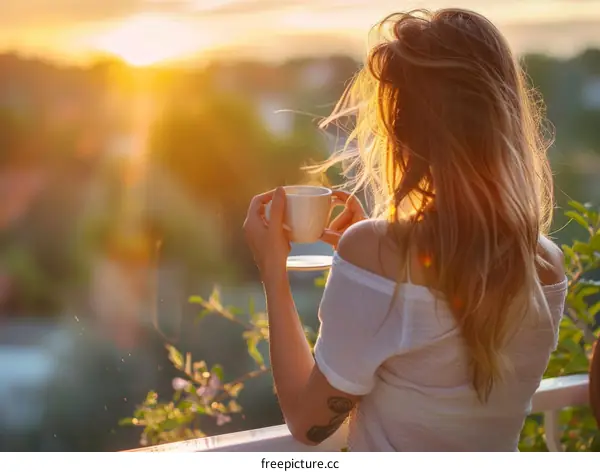 woman in white shirt drinking from a cup and watching the sunset