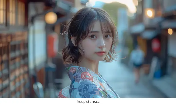 Japanese Woman in Kimono in Traditional Street