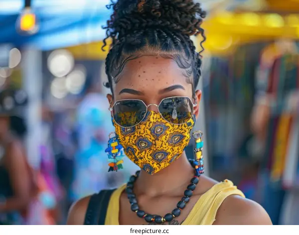 Portrait of a young African woman wearing a colorful mask