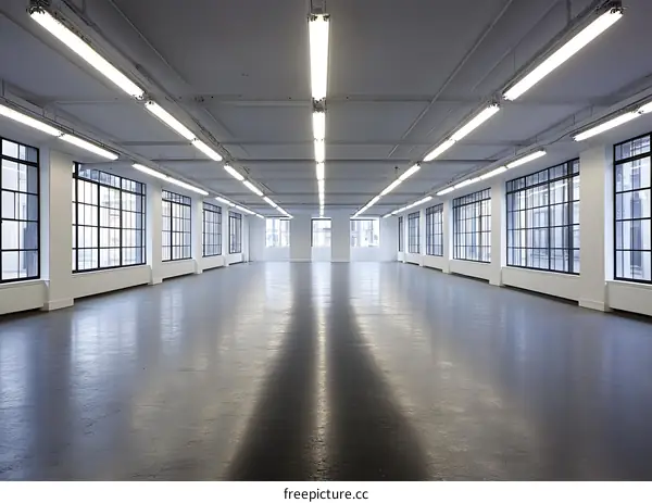 Empty Office Space with Large Windows and Bright Lights