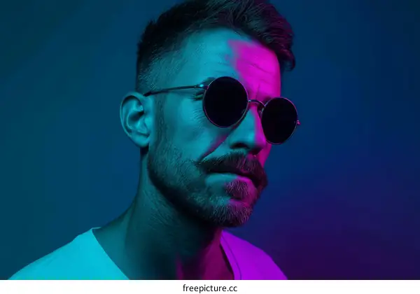Stylish Man with Neon Lighting and Sunglasses