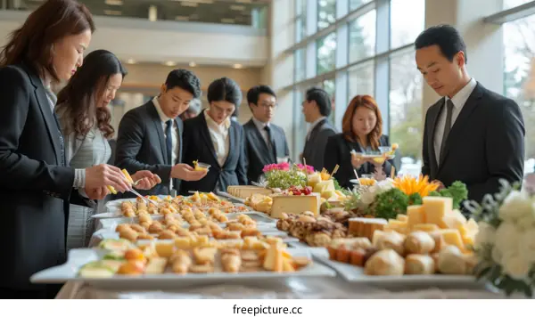 A group of people are eating food at a buffet.