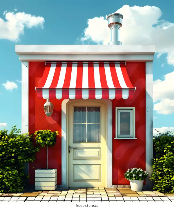 Red and White Striped Awning Small Building