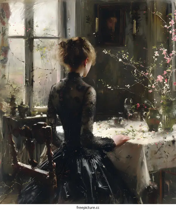 A solitariness young woman sitting at the table