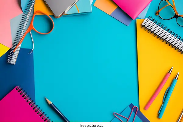 Flat Lay of Colorful Stationery on a Blue Background