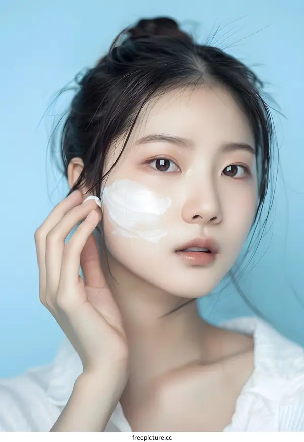 Young Asian Woman Applying Facial Cream on Her Face