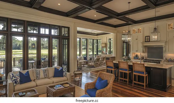 Luxury Home Interior with Large Windows and Open Floor Plan