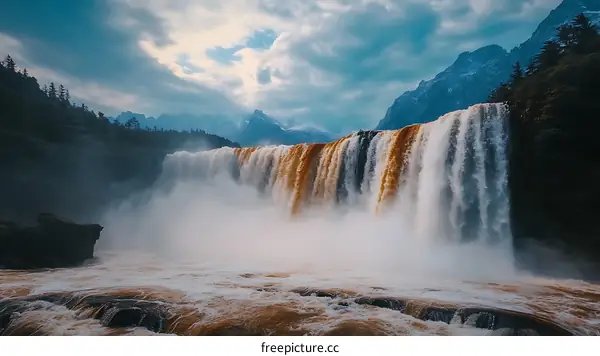 Majestic Waterfall Cascading Down Mountainous Landscape