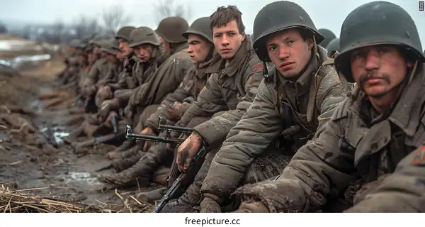A group of soldiers in the mud and rain.