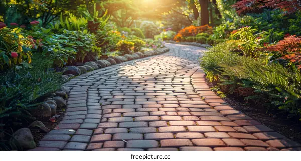 Stone Path in a Lush Garden with Vibrant Flora